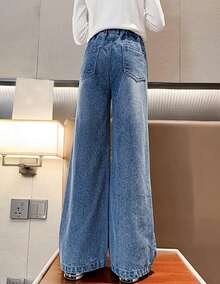 Girls Baggy Wide Leg Jeans Elastic Waist Casual Washed Pants Age-14 - Chân rộng 1 - Xem 11
