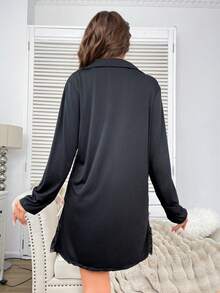 Chic Lounge Button Up Black Long Sleeve Bow Decor Dress, Winter - Black - View 3