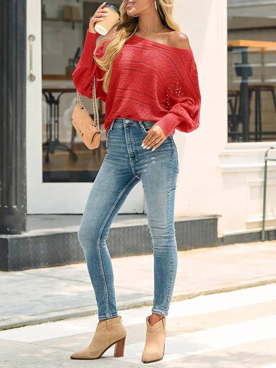 Womens Off Shoulder Sweaters Fall 2025 Oversized Knit Batwing Long Sleeve Crochet Pullover Sweater Tops - 紅色 - 查看 1
