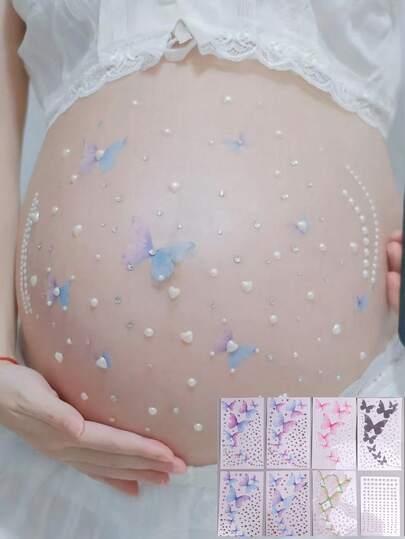 1/5 Set MOM Schwangerschaftsbauch Aufkleber Kristall Aufkleber Diamant Party Foto Mutterschafts Foto Perlmutt Liebe Dreidimensionales Dekorationsmuster (Schmetterling Set)