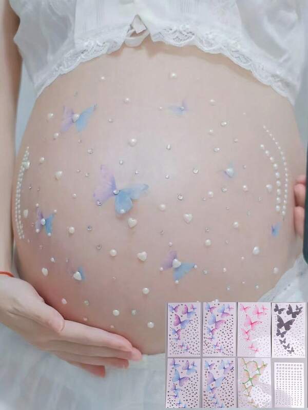 1/5 Set MOM Schwangerschaftsbauch Aufkleber Kristall Aufkleber Diamant Party Foto Mutterschafts Foto Perlmutt Liebe Dreidimensionales Dekorationsmuster (Schmetterling Set)