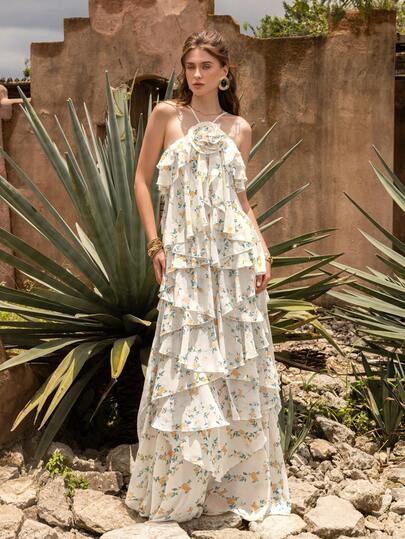 Elegant Romantic Chiffon Maxi Dress, 3D Floral Neck Decor - Exquisite Floral Print, Multi-Layer Ruffle Hem, Flowing Floor-Length Silhouette | Ideal For Romantic Garden Weddings And Elegant Date Nights