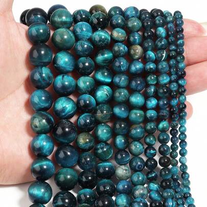 1pc Natural Blue Tiger Eye Stone Round Beads, Multi-Size Beads, Fashionable Vintage Shiny Ocean Blue Jewelry Making DIY Beads, Spacer Beads, Loose Beads, Suitable For Bracelet, Necklace, Jewelry, Craft, Decoration, Accessories