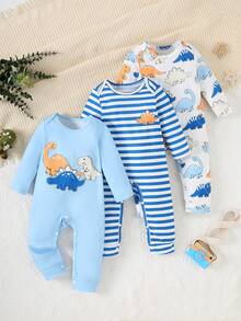 男婴恐龙印花长袖连体衣三件套，条纹设计，基础款，柔软针织涤纶面料，弹力十足，可机洗，休闲日常穿着，春夏秋季皆宜 - 彩色 - 查看 1