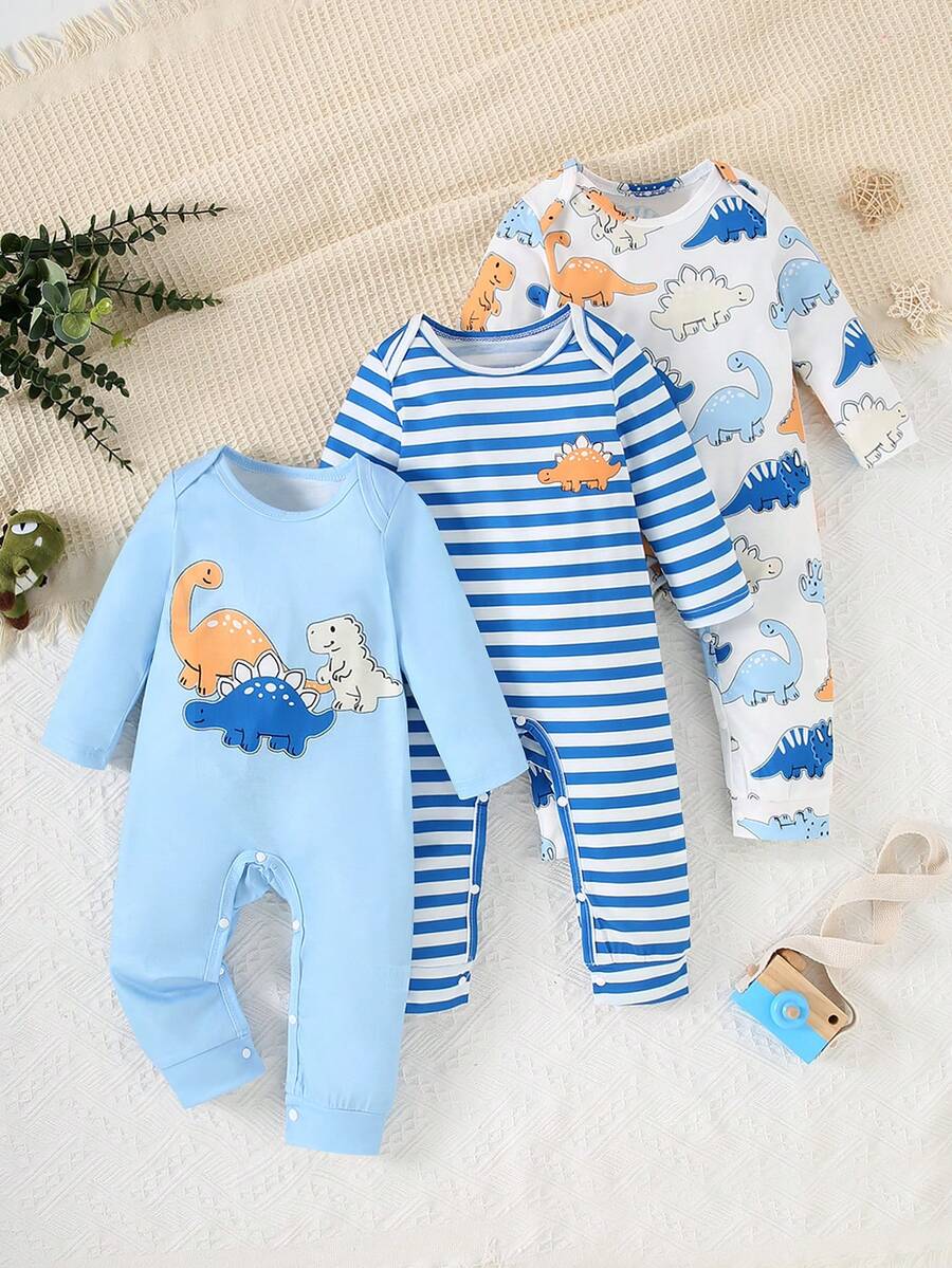 男婴恐龙印花长袖连体衣三件套，条纹设计，基础款，柔软针织涤纶面料，弹力十足，可机洗，休闲日常穿着，春夏秋季皆宜 - 彩色 - 查看 1