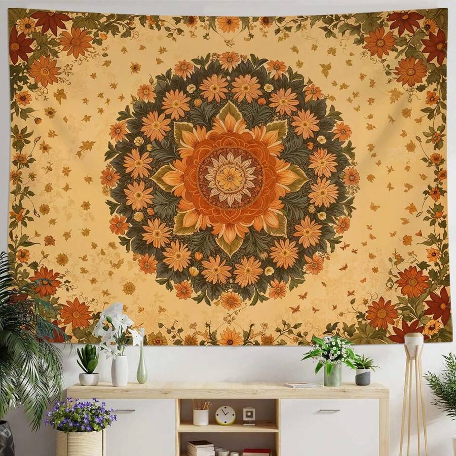 Boho Mandala Tapestry Wall Hanging Bohemian Floral Flower Medallion Tapestry Aesthetic Wall Art Large Green Yellow Hippie Tapestries, Vintage Wall Decor Banner For Living Room Bedroom Dorm Home Decor(40x30inch/60x40inch/60x51inch/80x60inch) - Vàng Xanh Lá Cây - Xem 1