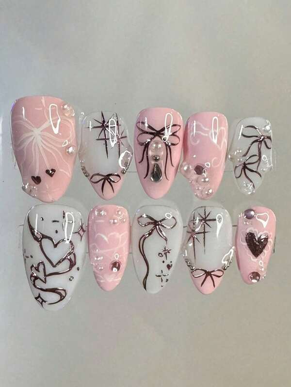 Cute Style 10-Piece Medium-Long Almond-Shaped Handmade Press-On Nails Adorned With Bows, Stars, And Heart Motifs, Accented With Rhinestones And Pearls, These Nails Blend Sweet And Spicy Girl Vibes With Playful Charm. The Full-Cover Detachable False Nail Set Is Designed For Office Workers, Students, Party Enthusiasts, And Year-Round Wear. It Includes Jelly Glue And A Nail File.