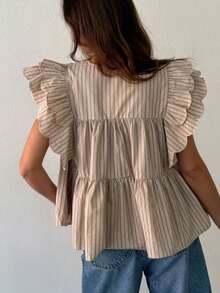 Women Ruffle Flying Sleeve Shirt Cute Babydoll Tiered Scallop Trim Flowy Blouse Y2k Going Out Top - Màu Khaki - Xem 3
