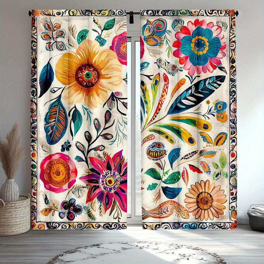 Vintage Boho Window Curtains, Rod-Mounted Curtains, Abstract Oil Painting With Hippy Plant And Flower Print For Bedroom, Easy To Clean And Maintain, Soft And Comfortable, And Enhance The Home's Sense Of Well-Being, They Are Ideal For Christmas, Halloween, And Thanksgiving Decor, And Make A Perfect Gift For Friends And Family(Only Curtains, No Other Parts) - 款式 1(2 片) - 查看 1