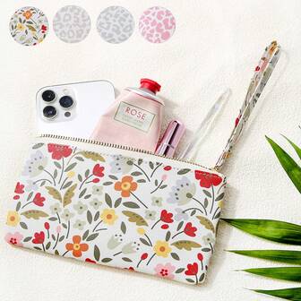 Fashionable & Delicate Floral & Leopard Print Portable Makeup Bag With Wrist Strap, Thin Clutch Cosmetic Tool Storage Pouch, Fresh Style Accessory Organizer Bag, Christmas Gifts, Pouch, Travel, Gifts For Women, Women's Travel Essential, Pouch, Clutch / Small Handbag, Makeup Organizer, Pouch, Brush Holder, Mini Pouch, Large Capacity Pouch,Gifts For Women,Christmas Gifts,Gift Ideas For Women