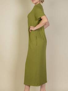 Women's Solid Color Casual Basic Side Pocket Tee Dress For Summer - Cành ô liu - Xem 3