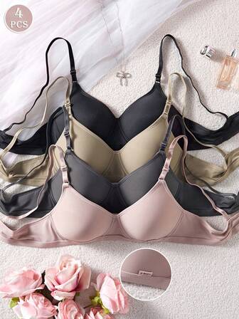 4 件装少女舒适睡眠多色无钢圈软杯适合小胸纯色 Bralette 内衣文胸