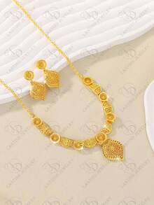 24K Gold Plated Dubai Novelty Earrings & Necklace Jewelry Set, Elegant For Party, Wedding, Anniversary, Dress Up Or Casual Wear - Gold - View 7