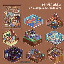 1/2/4件套 8合1 可爱3D生活微缩卡通场景迷你贴纸书 DIY手工剪贴簿玩具游戏贴纸 儿童节日礼物 - 彩色 - 查看 12