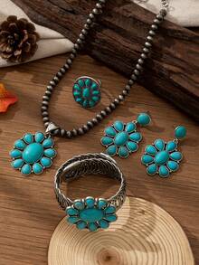 Conjunto de 4 piezas de collar, aretes, anillo y pulsera con estilo bohemio vintage, de aleación de zinc y turquesa en forma de gota de agua y flor, adecuado para atuendos, vacaciones y talla grande