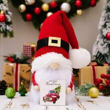 2pcs Christmas Decorations - Knitted Pom Pom Hat, Wooden Plaque Reindeer Figurine - Multicolor - View 8