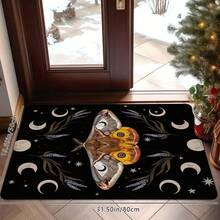 1Pc Butterfly And Moon Print Pattern Mysterious Black Doormat, Plants Pattern Rectangle Quick-Drying Absorbent Polyester Carpet, Suitable For Indoor Outdoor Floor Home Bedroom Bathroom Kitchen And Dining Room Decoration, For Birthday Party Gifts Festival Holiday Courtyard Decor
