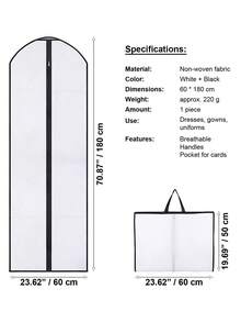 1个便携式白色无纺布连衣裙袋，婚纱袋，长裙收纳袋，180厘米/70.86英寸，宿舍必备衣物整理袋，衣柜收纳袋，卧室收纳袋 - 黑色 - 查看 8