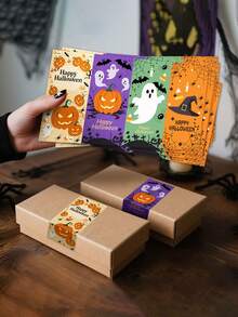 4pcs/Sheet Happy Halloween Sealing Stickers, Large Rectangular Gift Box DIY Packaging PVC Stickers