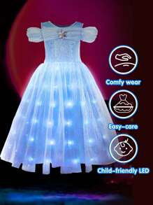 UPORPOR UPORPOR Girls Princess Light Up Dress Up Costume, Blue Glittering Dress For Birthday Party (Battery Not Included)