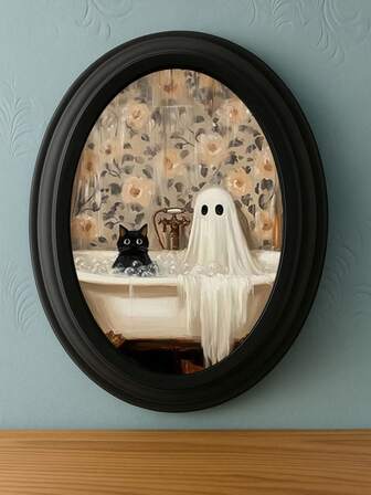 1 件幽灵和黑猫在浴缸中的美妙夜晚 - 复古风格人物墙饰 - 木制装饰标志（5*7 英寸），椭圆形矩形艺术房间装饰相框，万圣节、圣诞节和感恩节的完美礼物