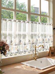 1pc Hang Rod Free Installation Floral Embroidered Half Short Curtain, Suitable For Bedroom, Kitchen, Living Room Home Divider - Multicolor - View 1