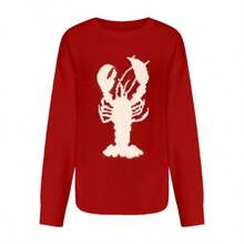 Women's Autumn/Winter Fashion Casual Vintage Contrast Color Shrimp Jacquard Knit Pullover Sweater Red Fall - Red - View 4