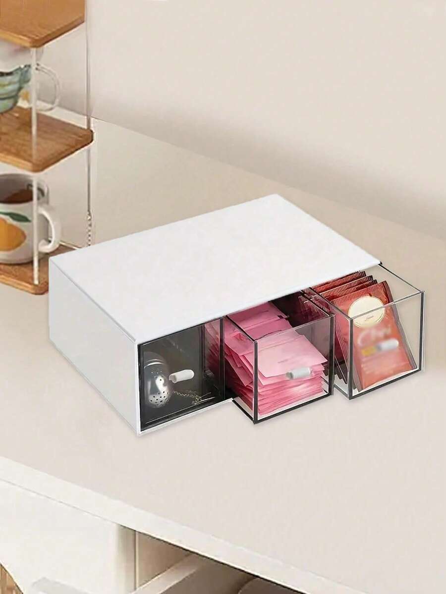 Organizador de bolsitas de té, caja apilable con 3 cajones, soporte de plástico para bolsitas de té, ideal para cocina, despensa, armario y encimera. Organizador multifuncional para cocina y almacenamiento, ideal para el hogar.