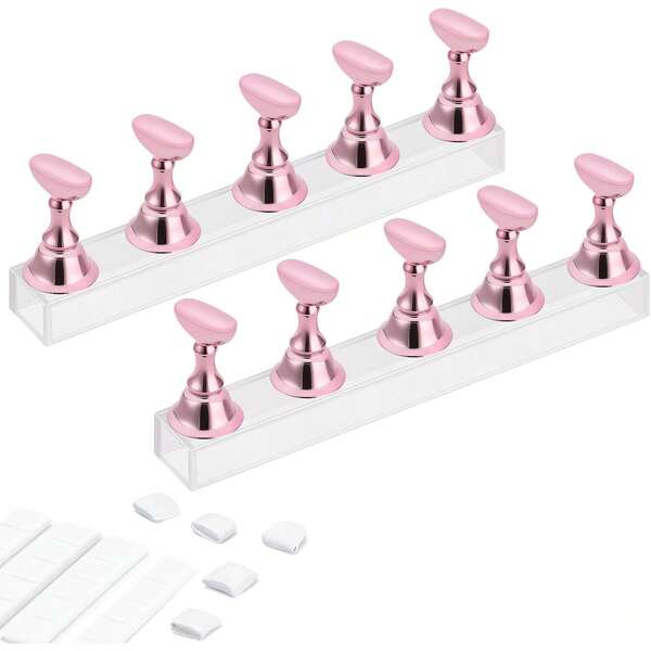 Acrylic Nail Display Stand Nail Holder Magnetic Practice Stands With Reusable Adhesive Putty Clay False Nail Tip Manicure (Pink)