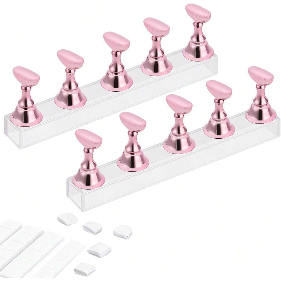 Acrylic Nail Display Stand DIY Nail Crystal Holder Magnetic Practice Stands With Reusable Adhesive Putty Clay For False Nail Tip Manicure Tool (Pink) - 粉色 - 查看 1