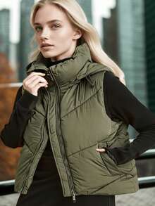 Women's Solid Hooded Quilted Vest Jacket For Autumn & Winter - Army Green - View 2