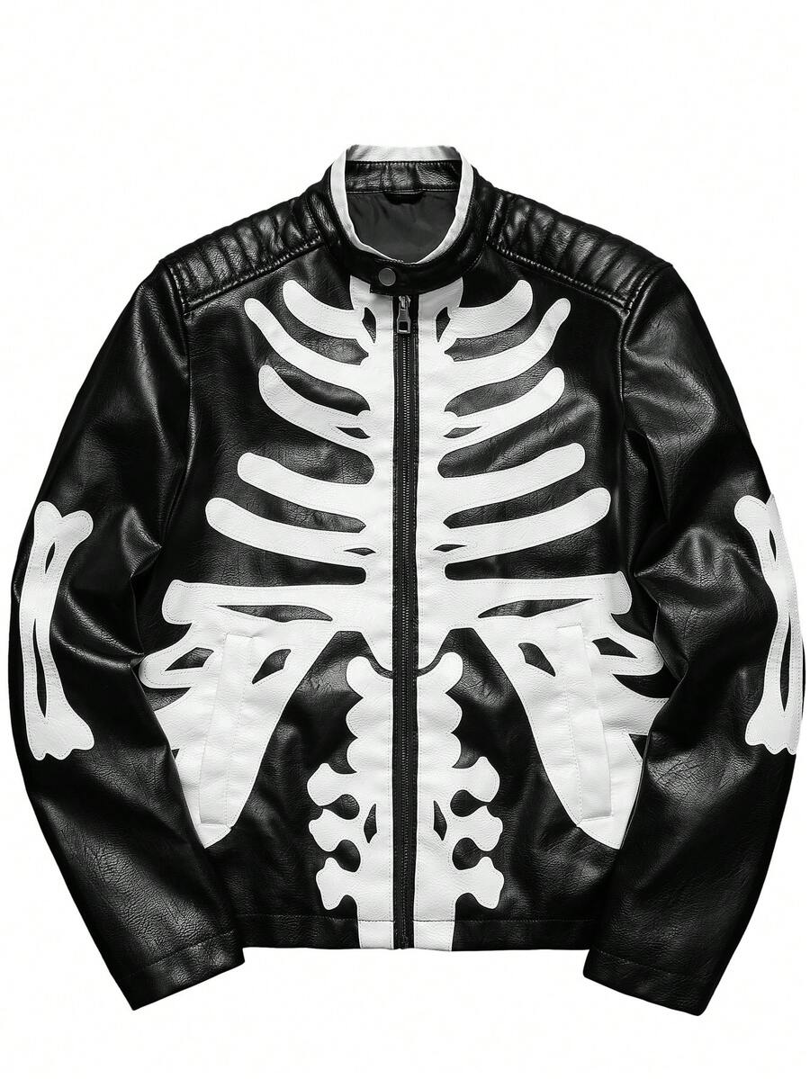 Men's Faux Leather Skull Print Jacket, Zipper Closure Stand Collar Motorcycle Bomber Jacket, Men's Black & White Contrast PU Leather Coat - Black - View 1