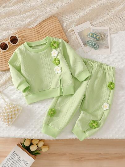 2pcs/Set Baby Girls Fashionable Korean Style Casual Green Floral Decoration Textured Sweatshirt & Asymmetrical Hem Pants Set, Autumn/Winter