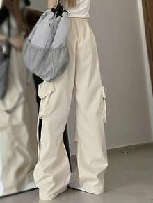 女士休闲宽松纯色口袋抽绳裤，适合日常穿着 - 杏色 - 查看 4