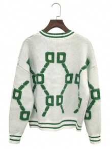 Women's Casual Letter Pattern V-Neck Single-Breasted Knitted Cardigan Sweater, Long Sleeve, Autumn/Winter