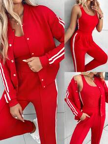 ChicMe 3件套女士条纹吊带装饰无袖背心、纽扣前襟外套、抽绳口袋长裤，时尚休闲运动套装 - 紅色 - 查看 4