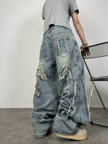 1条正义兄弟刺绣休闲宽松阔腿牛仔裤，美式街头风格 - 藍色 - 查看 3