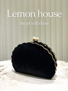 1 件复古优雅新中式天鹅绒贝壳形晚宴包，配珍珠手链，适合宴会、婚礼、派对等正式场合，是送给女性的绝佳礼物 - 黑色 - 查看 7