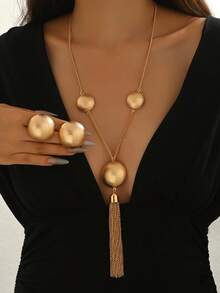 2 件简约百搭创意 Y 形项链和耳环套装，几何半球形圆形哑光金属链流苏吊坠项链和耳环套装，女士日常休闲派对首饰套装 - 金黃色 - 查看 2