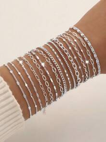 16pcs/11sets Simple Basic Chain Bracelet Set For Women, Suitable For Dating, Vacation, Daily Matching, Party Outfit, Gift For Girlfriend/Friend, 2025 New Arrival