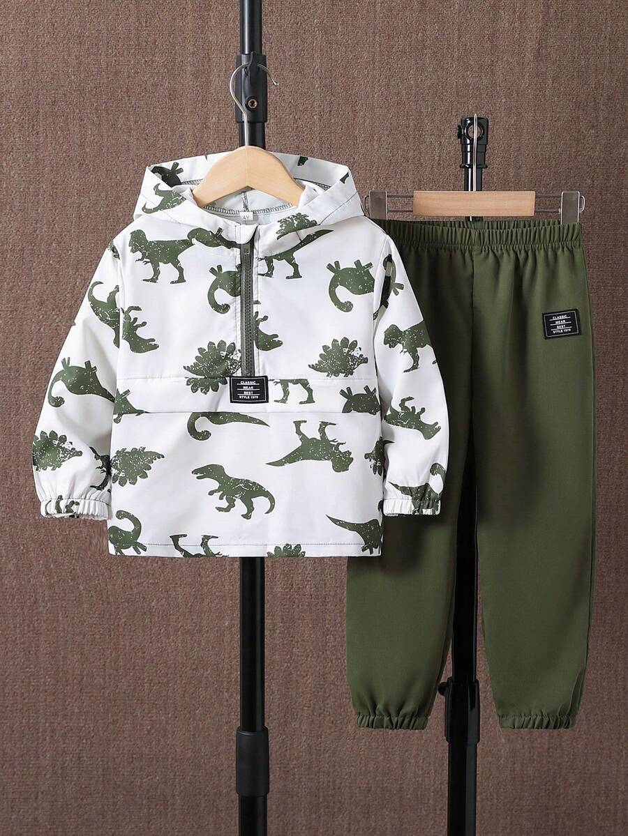 2 pezzi/Set Ragazzo Casual Felpa con cappuccio e chiusura lampo e pantaloni con stampa integrale di dinosauri, adatto per tempo libero, sport, uso quotidiano, all'aperto, scuola, primavera/autunno - Verde militare - Visualizzare 1
