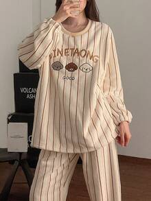 2 Stück Damen bestickter Flanell Flausch Pyjama Set, cartoon gestreift warme Winter Nachtwäsche Anzug, Herbstkleidung