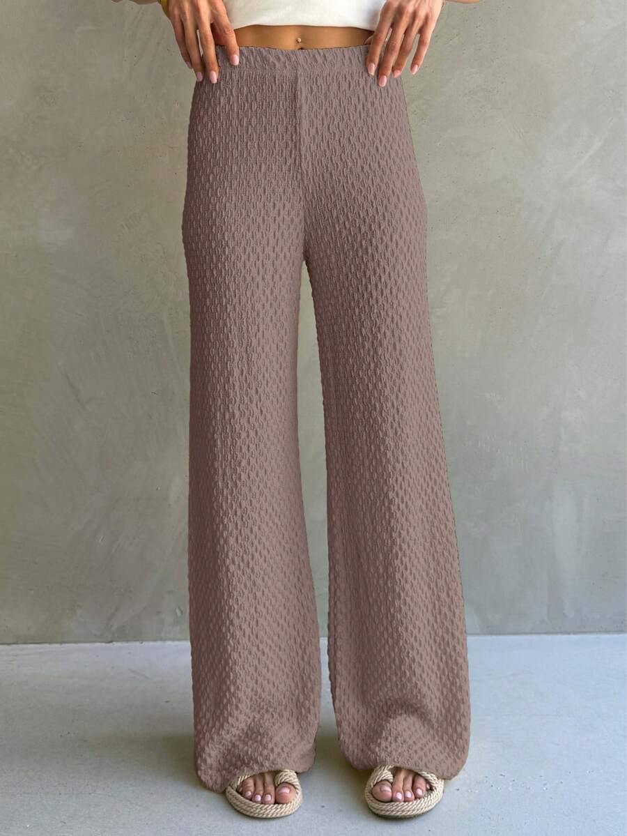 Pantalones anchos de pierna ancha de unicolor y textura casual y versátil - Marrón - Ver 1