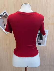 Solid Ruched Ribbed T-Shirt - Red - View 3