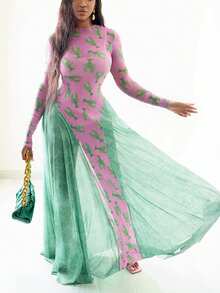 Đầm nữ kiểu vintage mới, cổ tròn, phối màu tương phản, dáng rộng, tay dài, in họa tiết, màu hồng, thanh lịch, mùa xuân. - Hồng - Xem 4