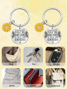 1pc/8pcs/16pcs/24pcs Inspirational Sunflower You're Awesome Key Chain Gift Set,Inspirational Sunflower Keychain Gifts,With Stainless Steel Key Chain,Green Leaf Thank You Card, White Organza Gift Bag - Multicolor - View 10