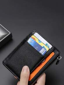 9格超薄拉链信用卡夹，100% PU皮革男士钱包，纤薄简约零钱包，男士钱包，迷你钱包，钱包，秋季卡包 - 黑色 - 查看 5