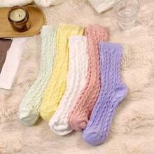 5 Pairs Of Macaron Mixed-Color Cable-Knit Socks: Soft & Elevate Your Daily Looks - 5 Pairs - 查看 4