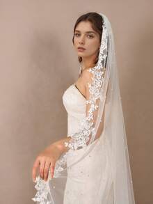 1 pieza Velo de novia con adorno de encaje romántico y decoración de perlas falsas, disponible en múltiples longitudes, incluye peine para el cabello, adecuado para propuesta, compromiso, boda y ceremonia civil, accesorio para el Día de San Valentín