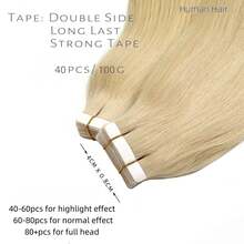40pcs/100G , Thick Tape In Human Hair Extensions ,Seamless Invisible Skin Weft Extensions , Remy  Human Hair,Silky Straight For Fashion Women  ,10-26inch ,Easy To Apply (60#Platinum Blonde  ) - S60 - 查看 6